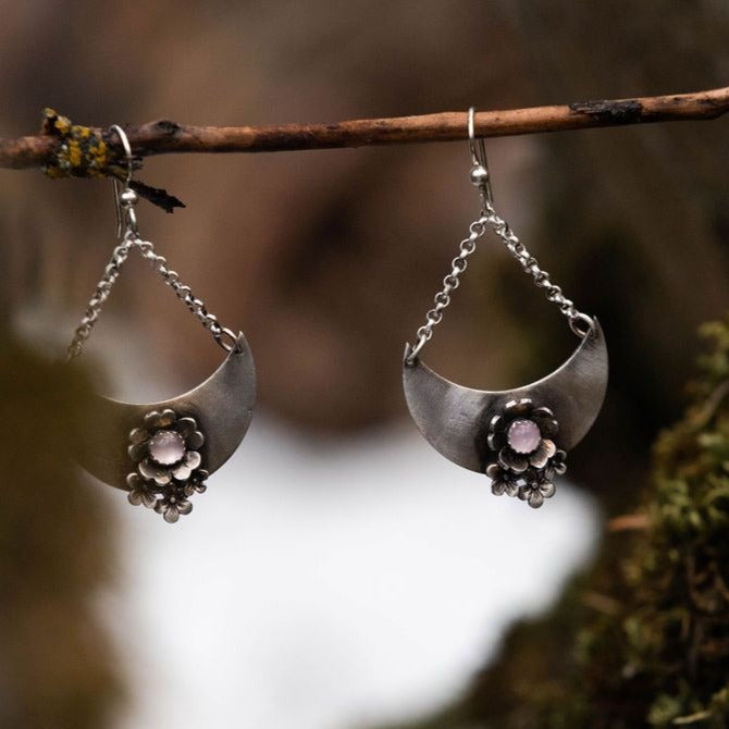 Crescent Moon Flower Earrings with Rose Quartz Crystal Points