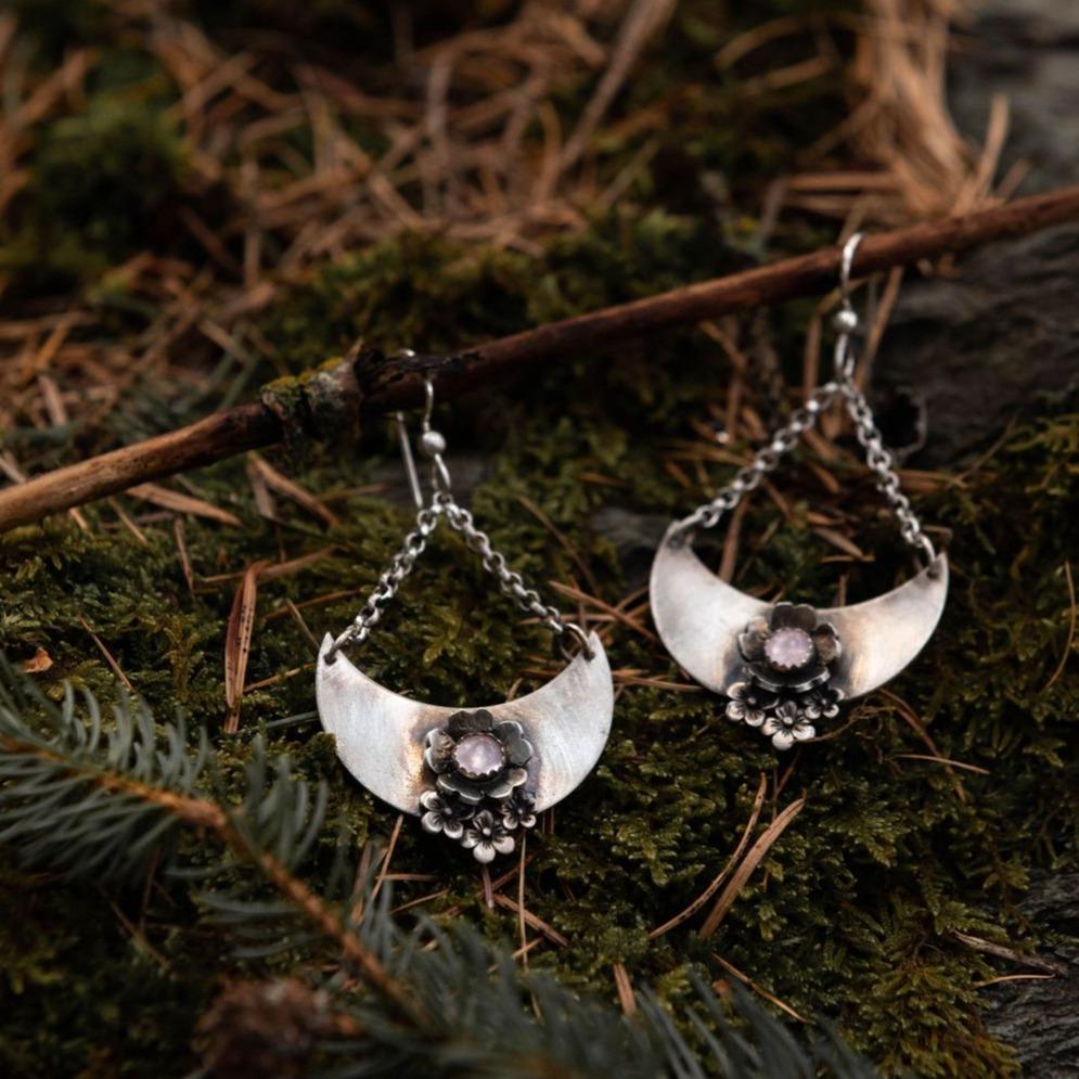 Crescent Moon Flower Earrings with Rose Quartz Crystal Points