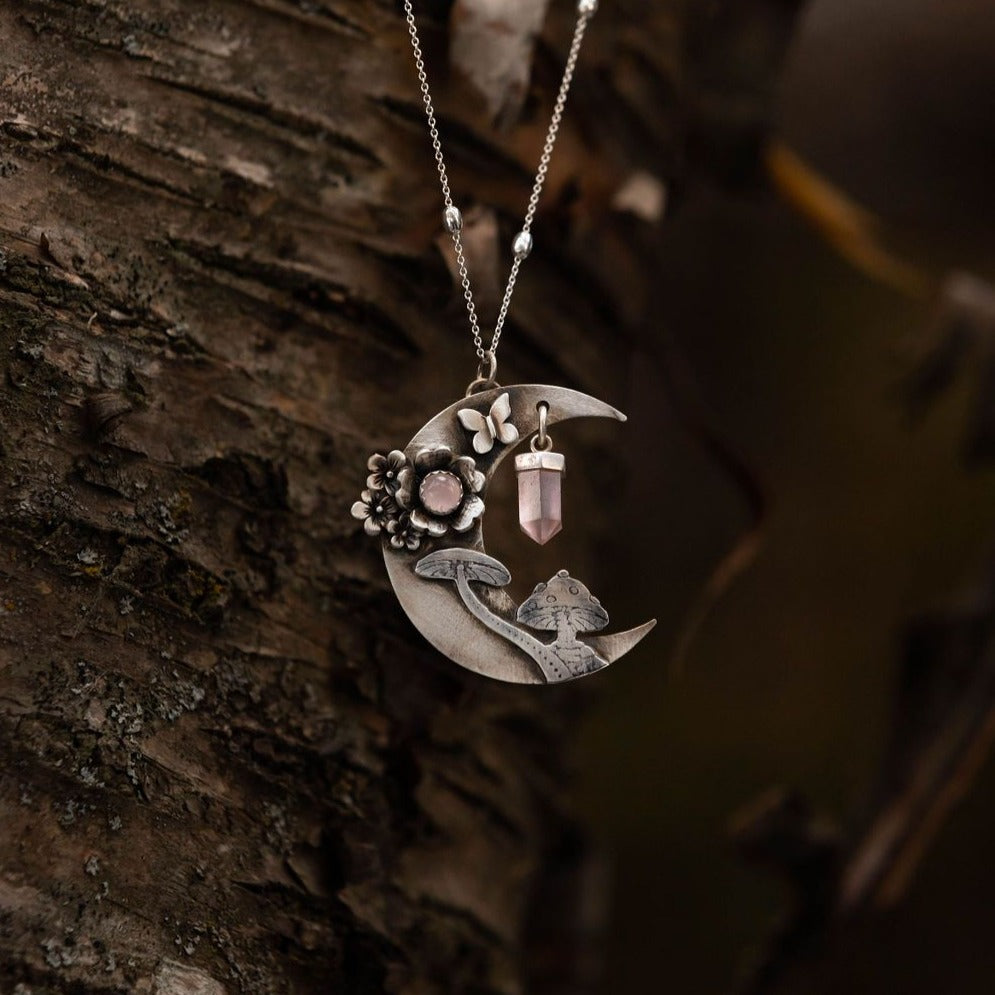Crescent Moon Necklace with Rose Quartz and Mushrooms