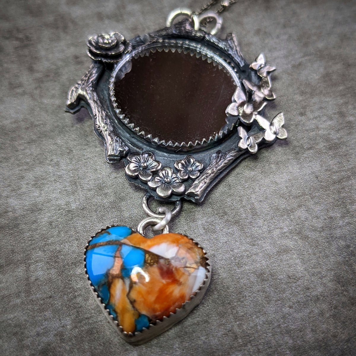 Mirror Necklace with Spiny Oyster Turquoise Heart