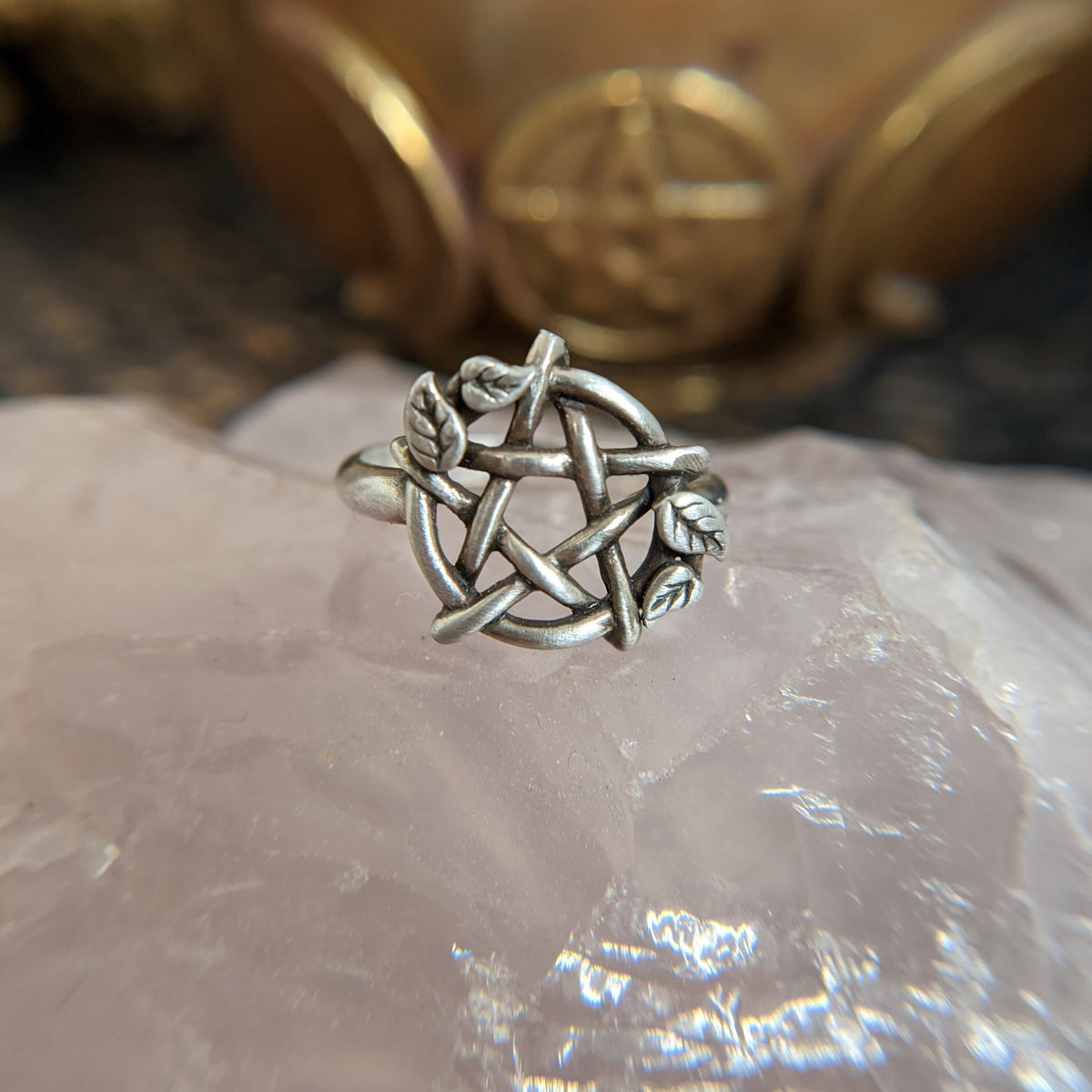 Sterling Silver Pentacle Ring with Leaves