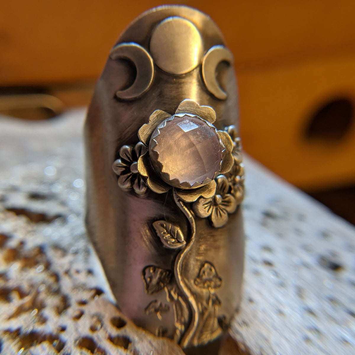 Triple Moon Garden Ring with rose quartz