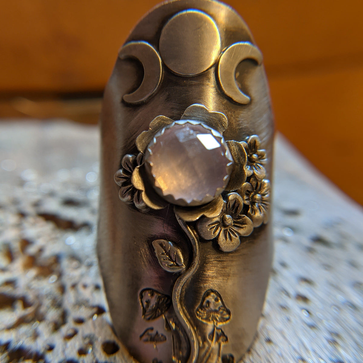 Triple Moon Garden Ring with rose quartz
