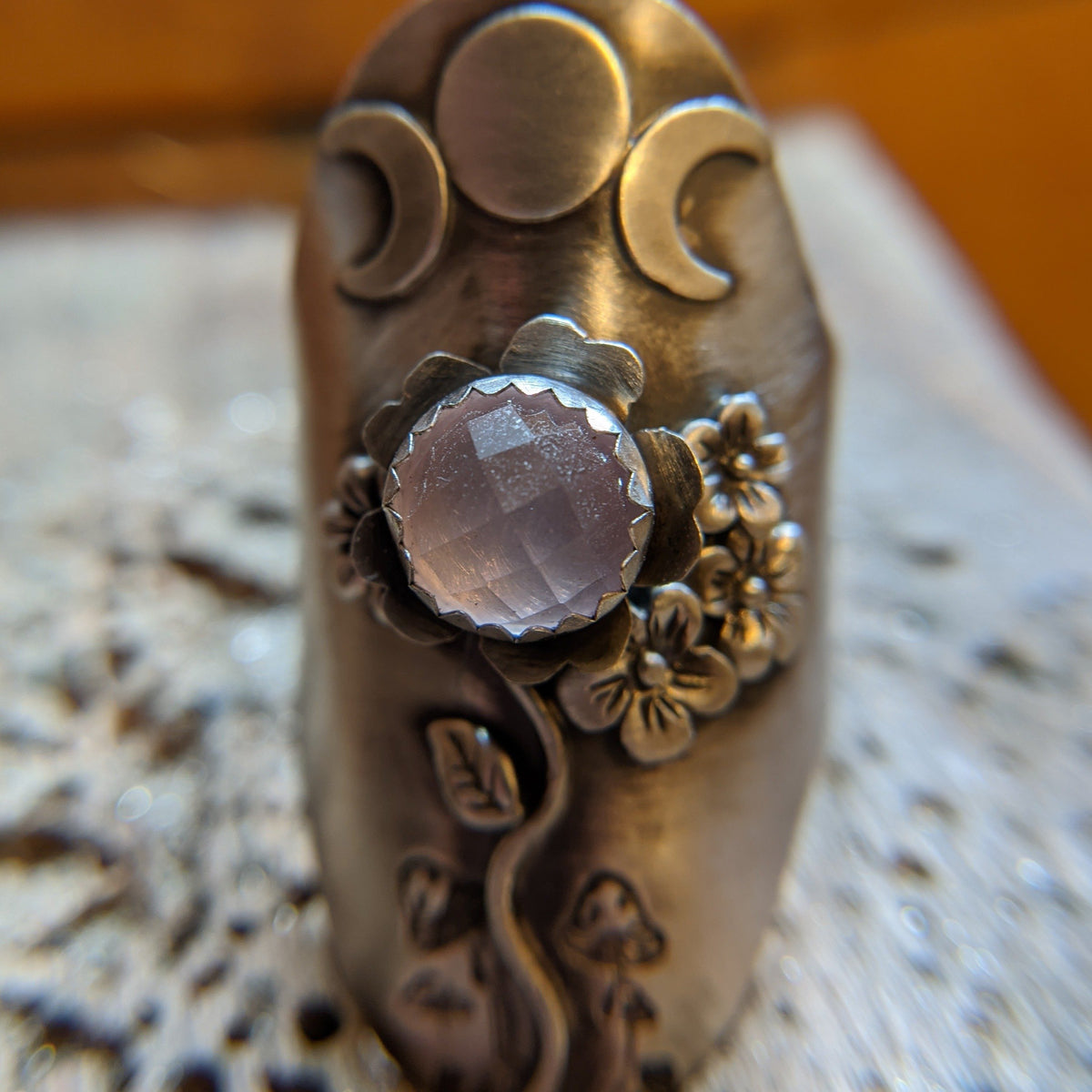 Triple Moon Garden Ring with rose quartz