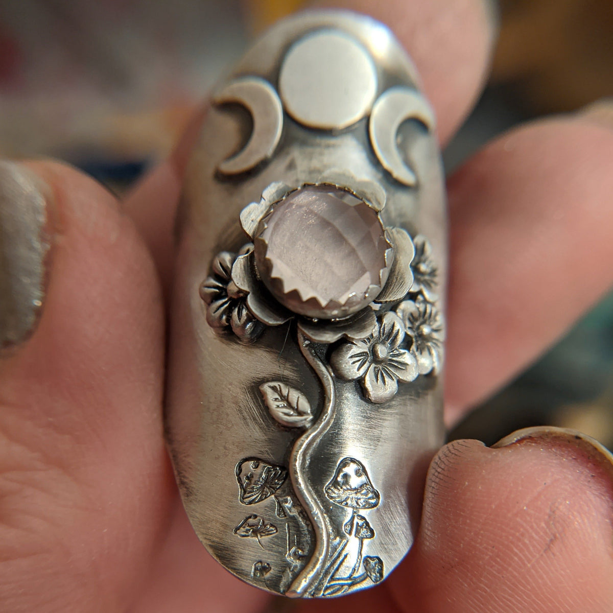 Triple Moon Garden Ring with rose quartz