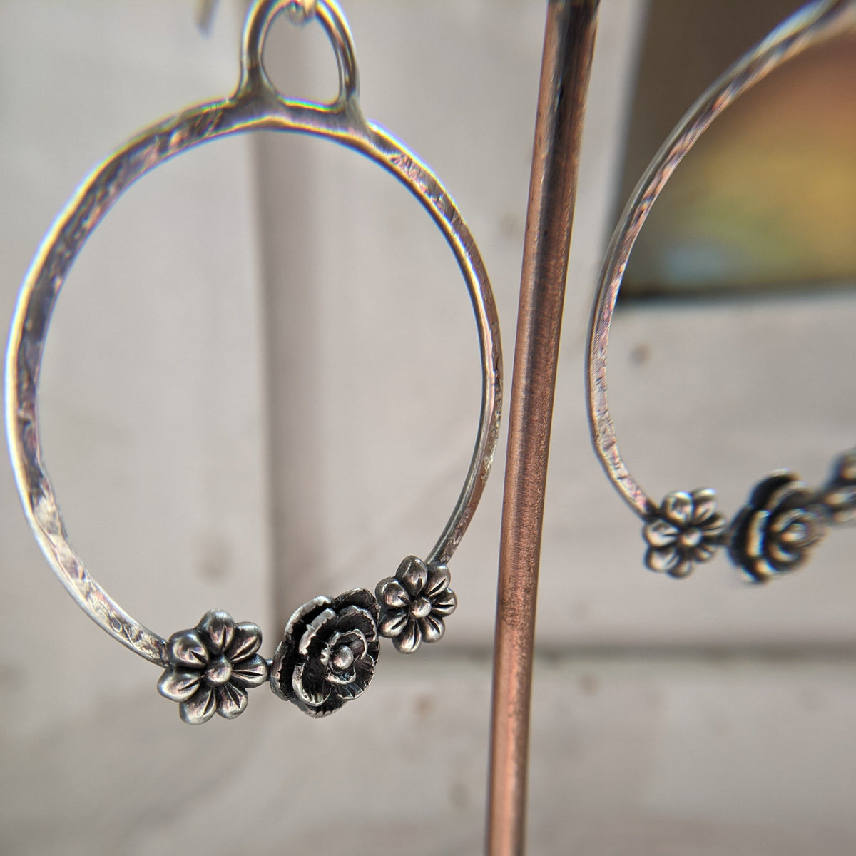 Sterling Silver Flower Hoop Earrings