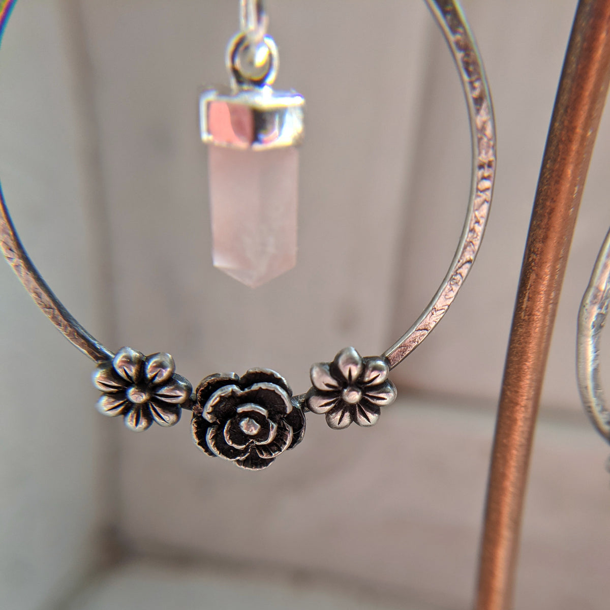 Sterling Silver Flower Hoop Earrings with Crystal Points