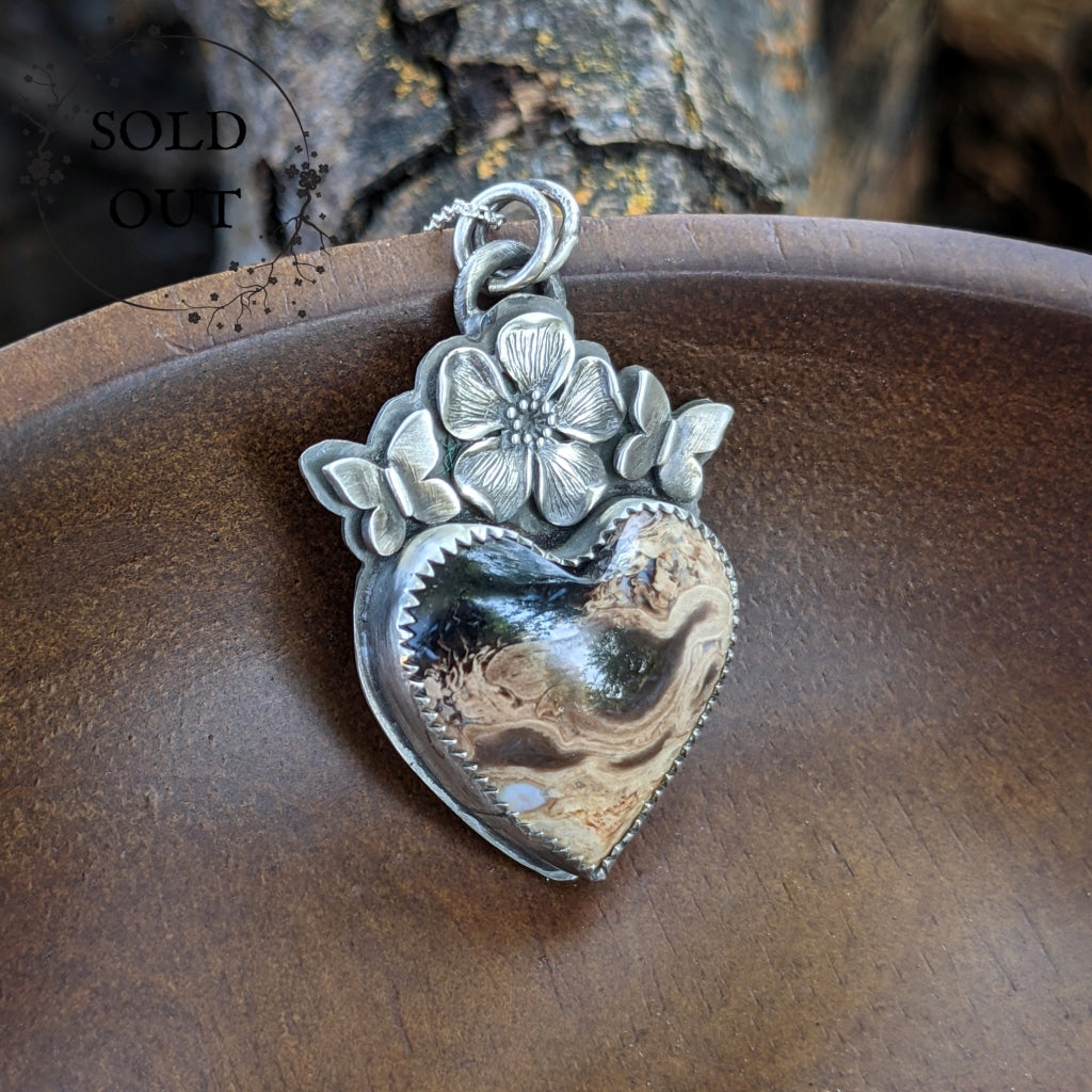 Petrified Palm Root Agate Necklace with Butterflies and Flower
