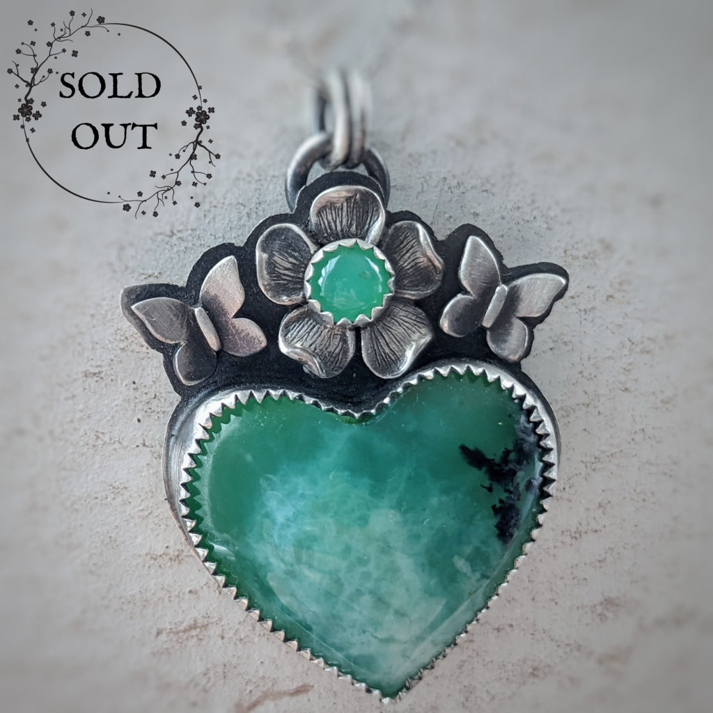 Chrysoprase Heart Necklace with Butterflies