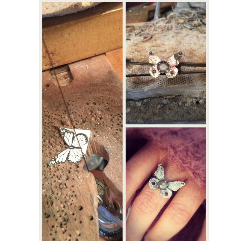 Silver Butterfly Ring with Grey Moonstone in progress making photo
