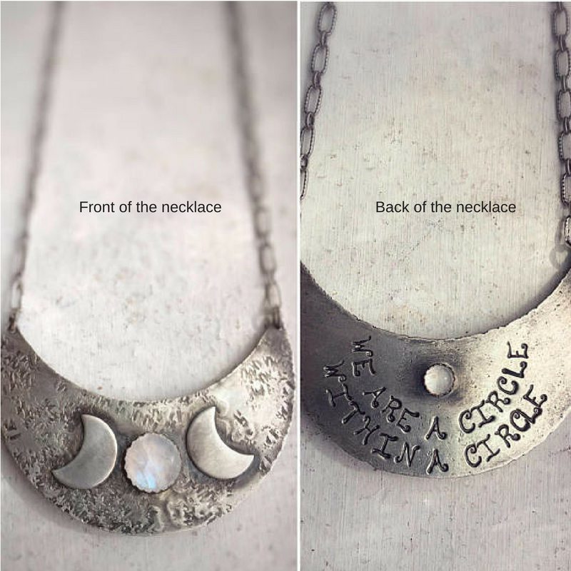 Triple Moon Goddess Necklace with Moonstone flat view of both front and back 