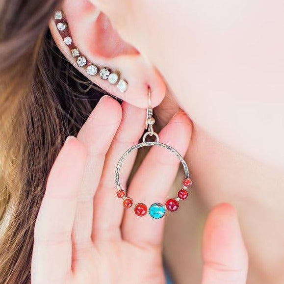 Turquoise Carnelian Gypsy Hoop Earrings worn by the model she put her hand behind the earring