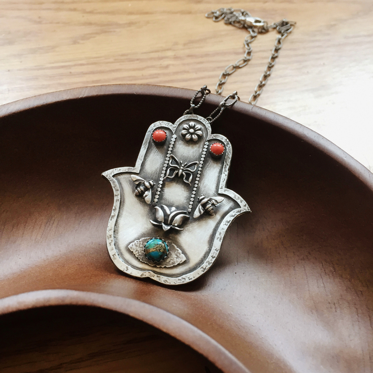 Sterling Silver Hamsa Necklace with Coral and Turquoise