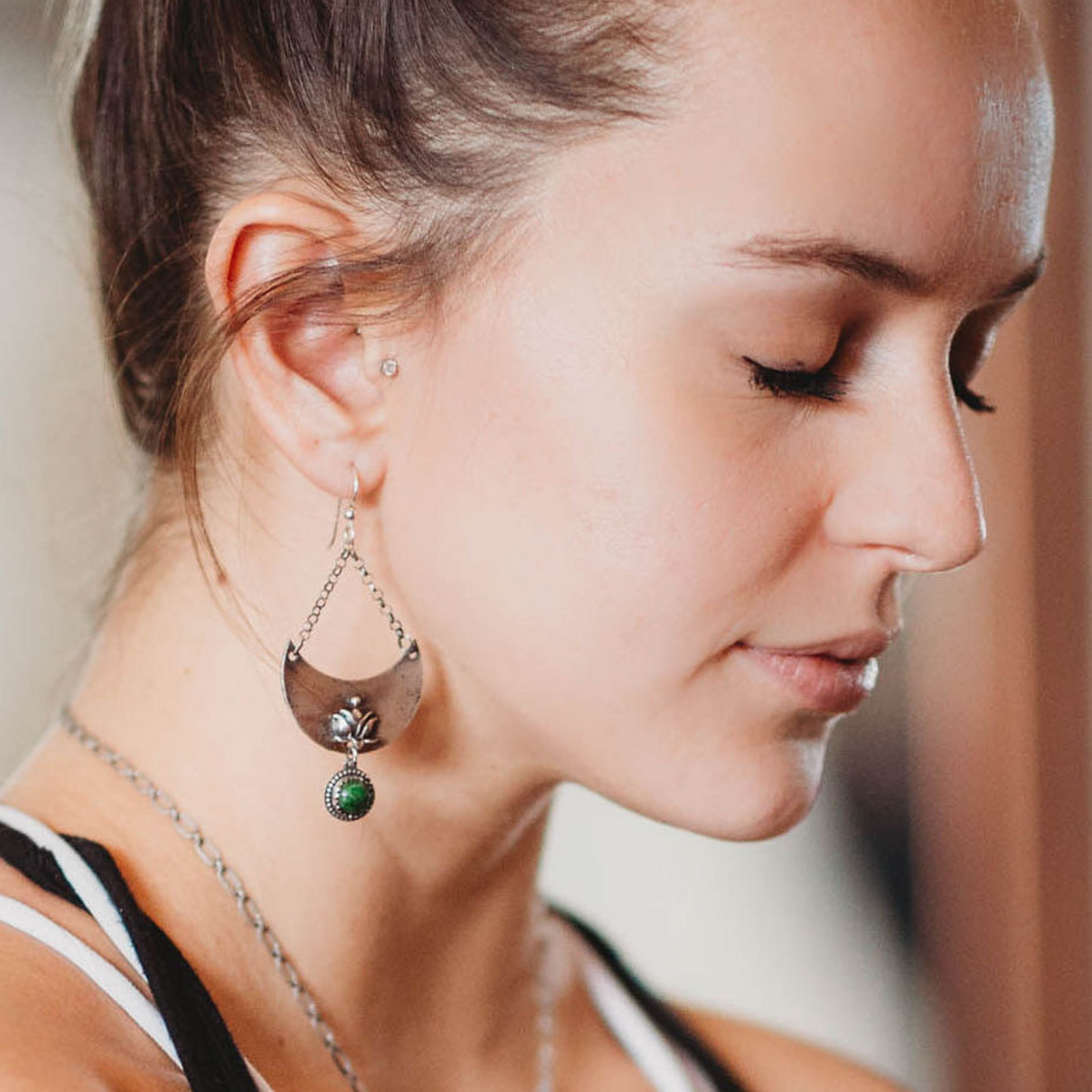 Crescent Moon and Lotus Earrings with Chrome Diopside