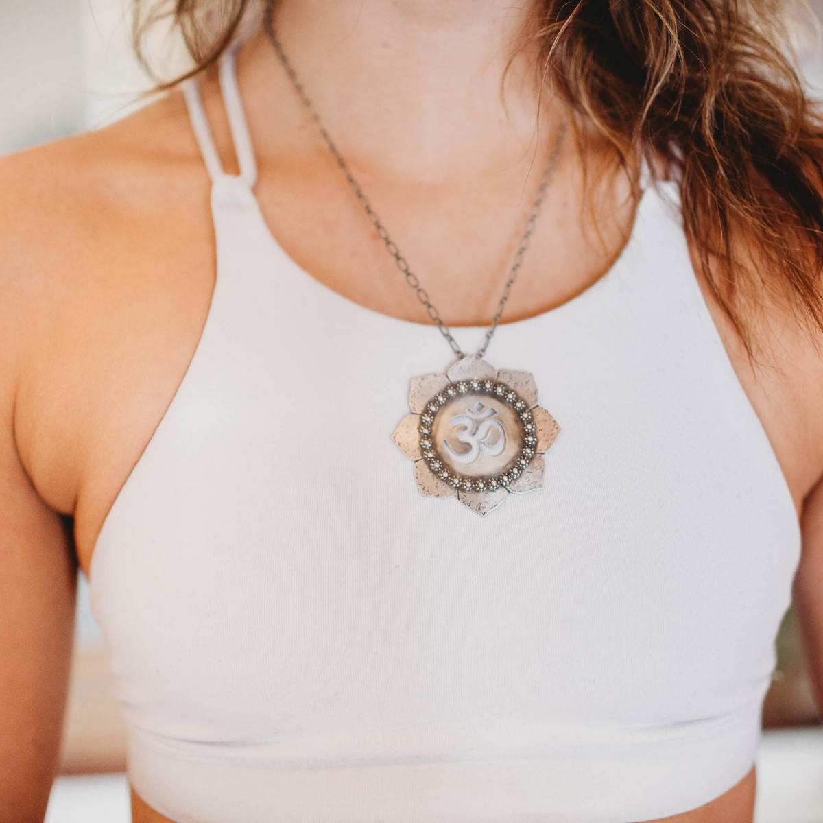 Sterling Silver Lotus and Om Necklace