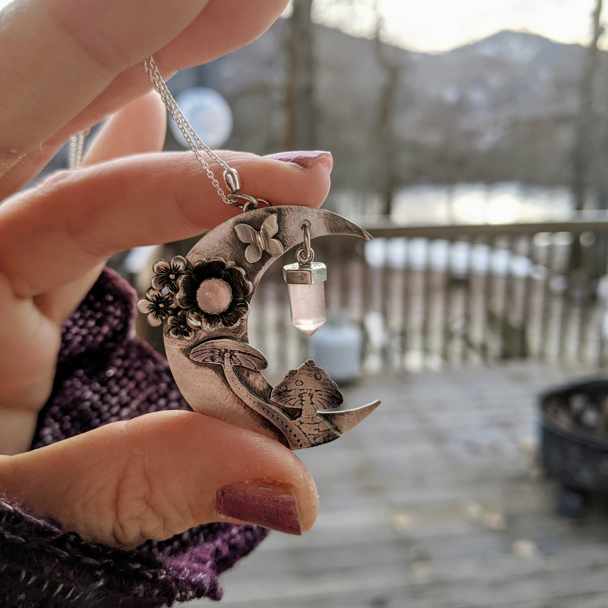Crescent Moon Necklace with Rose Quartz and Mushrooms