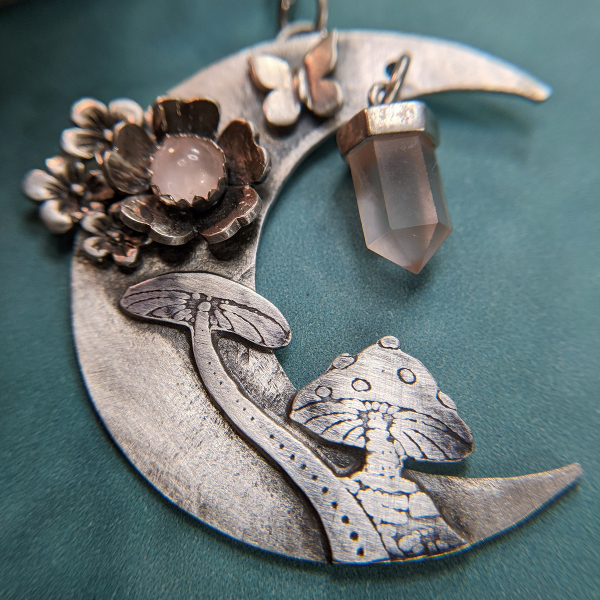 Crescent Moon Necklace with Rose Quartz and Mushrooms
