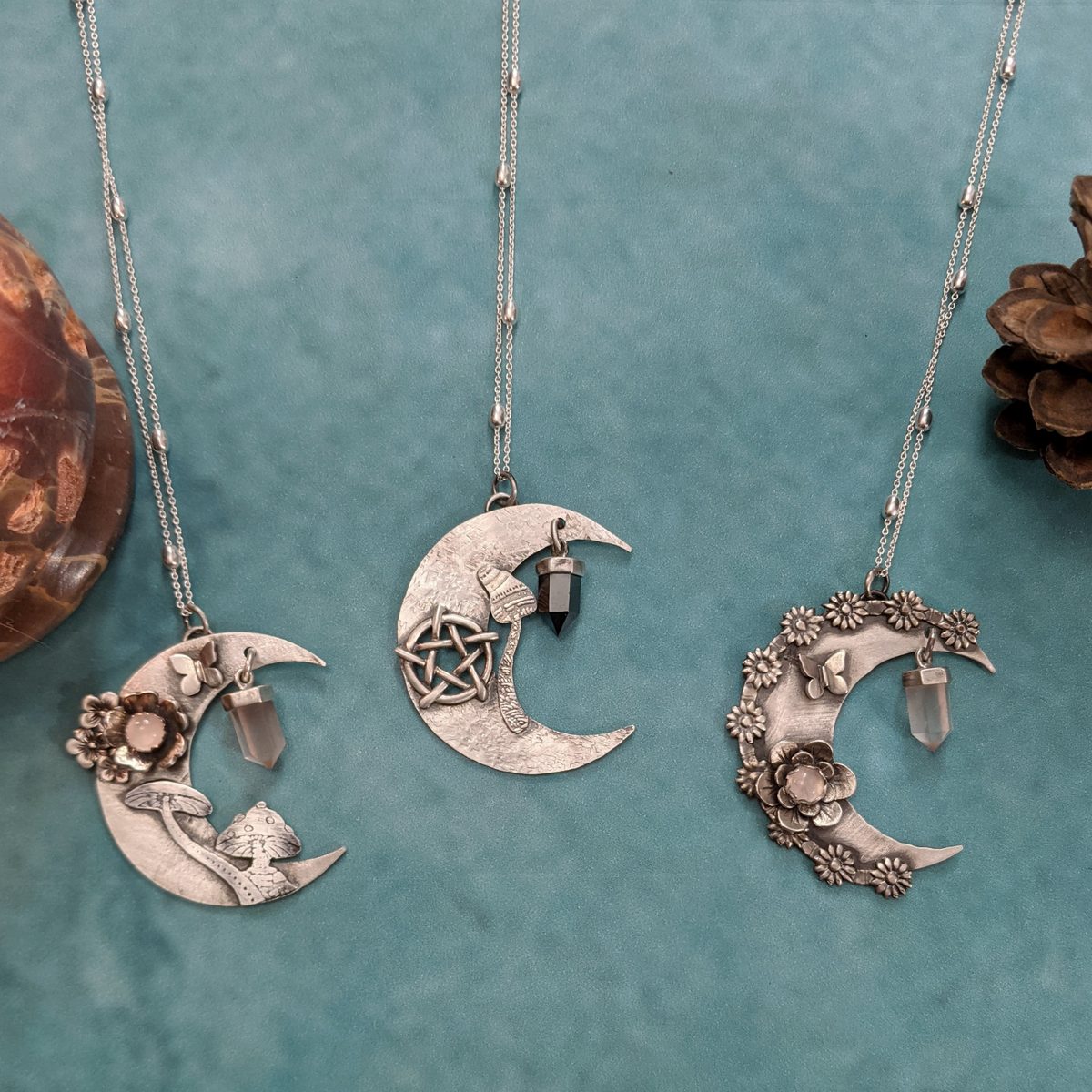 Crescent Moon Necklace with Rose Quartz and Mushrooms