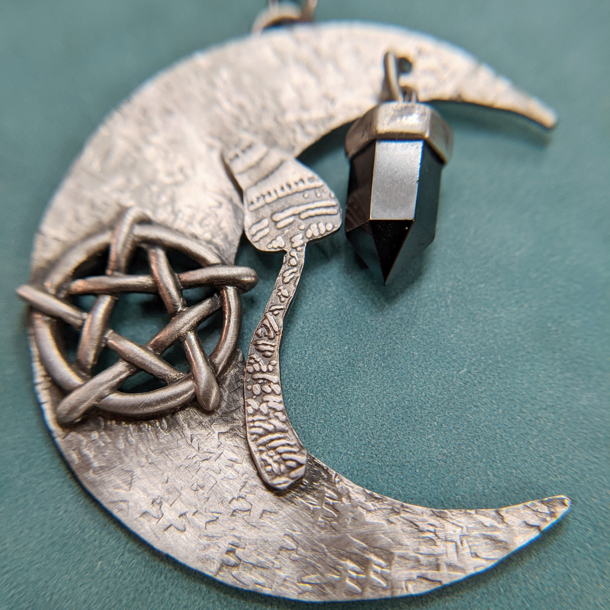Crescent Moon Necklace with Pentacle and Hematite Crystal Point