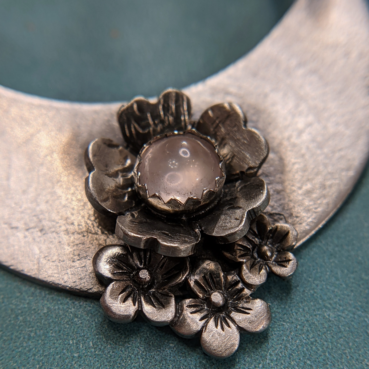 Crescent Moon Flower Earrings with Rose Quartz Crystal Points