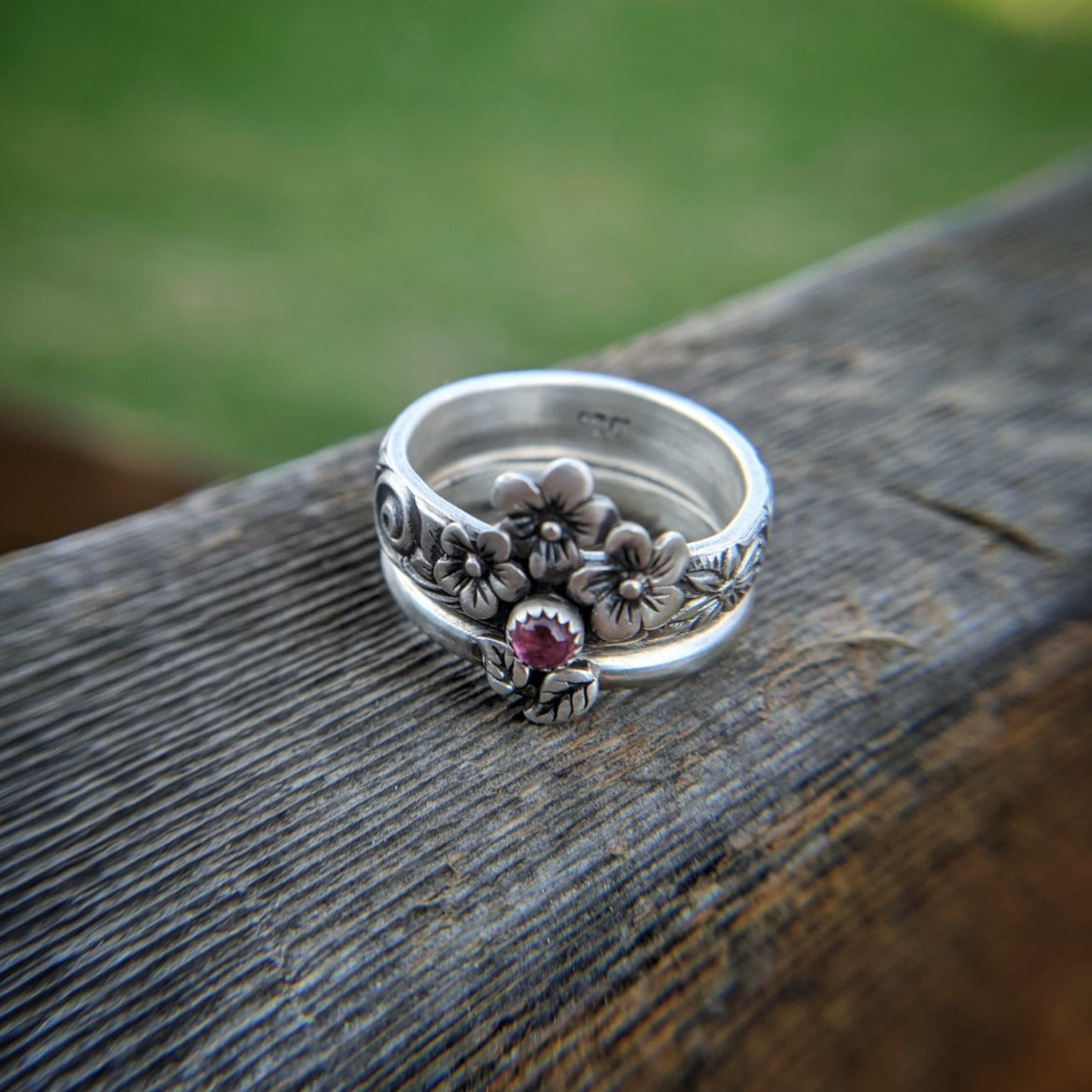 Sterling Silver Stacking Ring Set with Pink Tourmaline