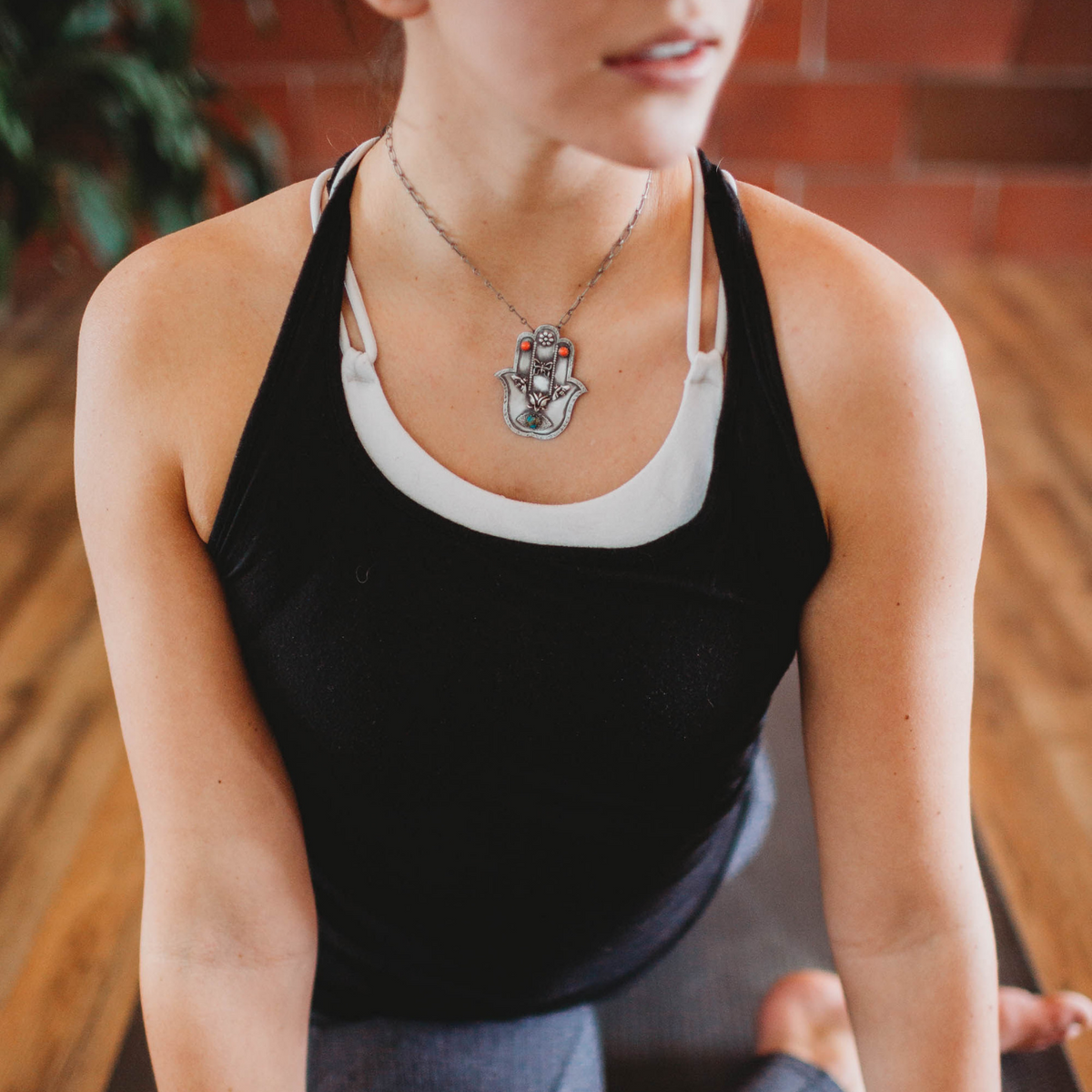 Sterling Silver Hamsa Necklace with Coral and Turquoise