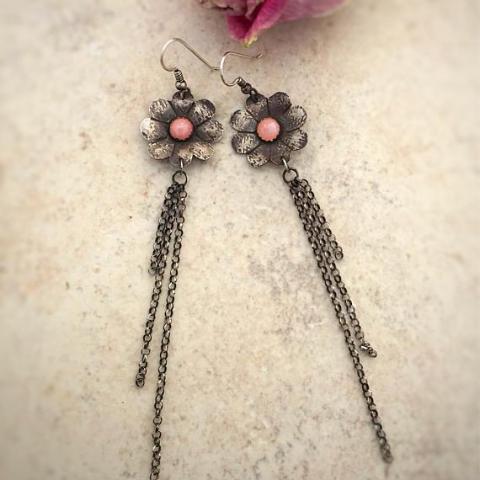 Long Flower Dangle Earrings with Opal