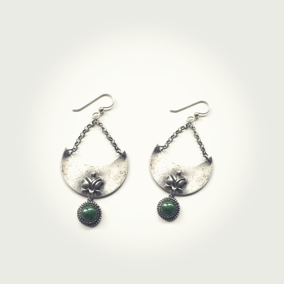 Crescent Moon and Lotus Earrings with Chrome Diopside