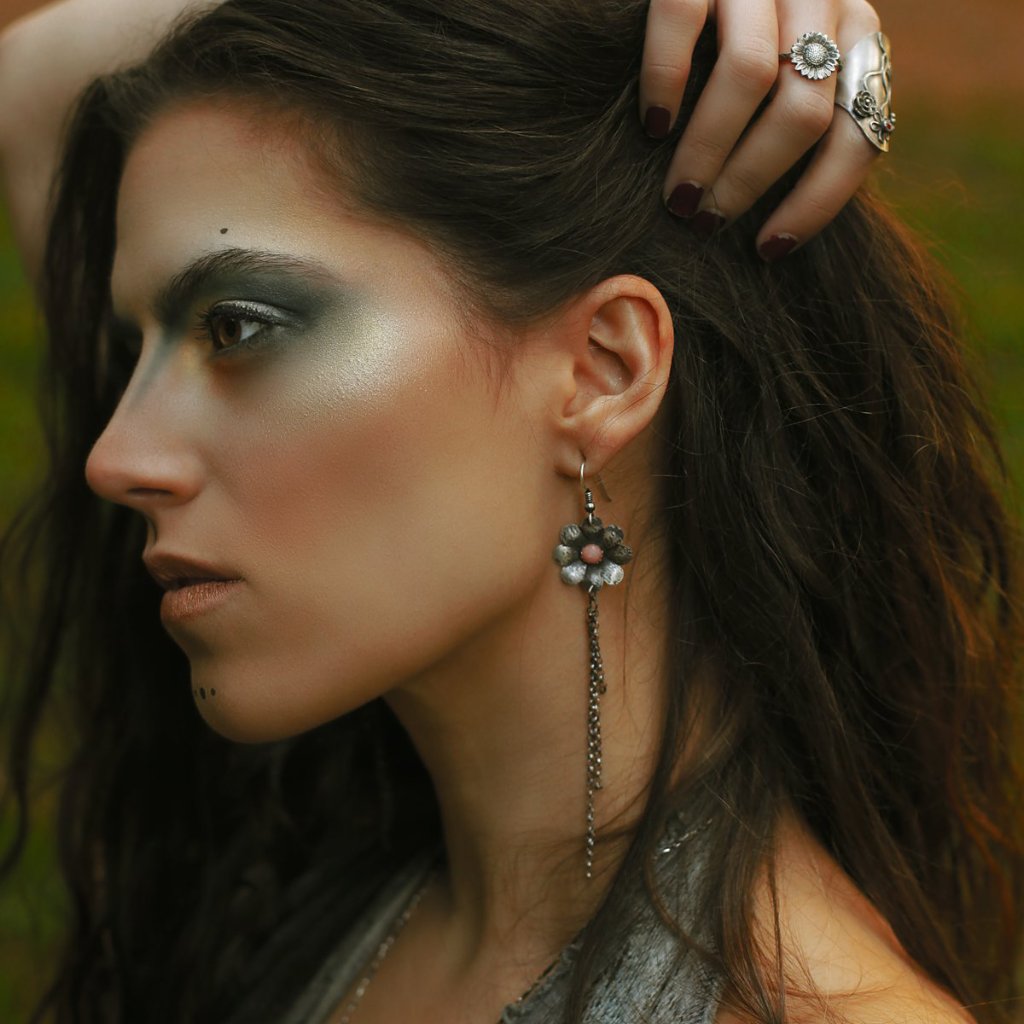 Long Flower Dangle Earrings with Opal
