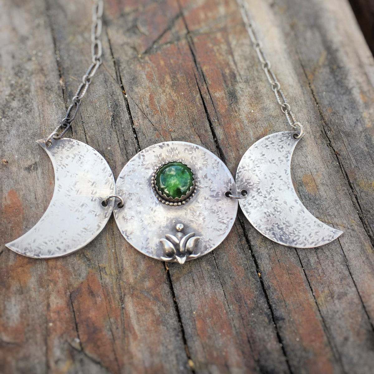 Triple Moon and Lotus Necklace with Chrome Diopside