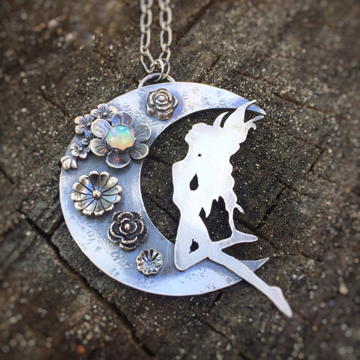 Fairy on the Moon Statement Necklace with Natural Opal