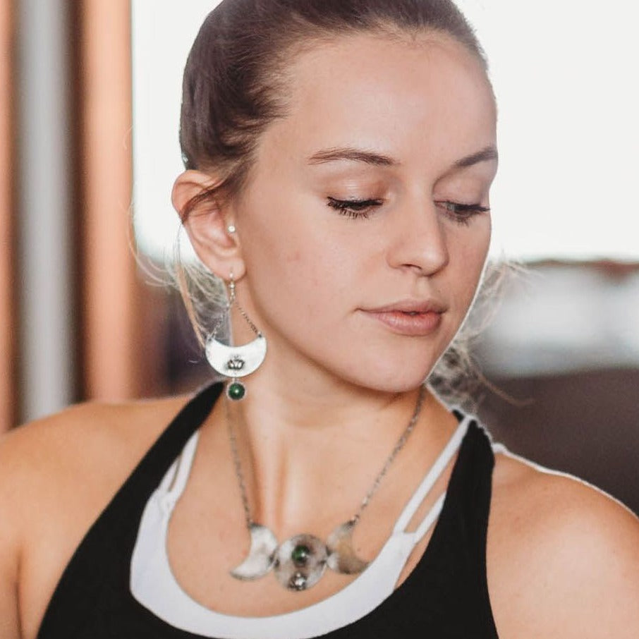 Triple Moon and Lotus Necklace with Chrome Diopside